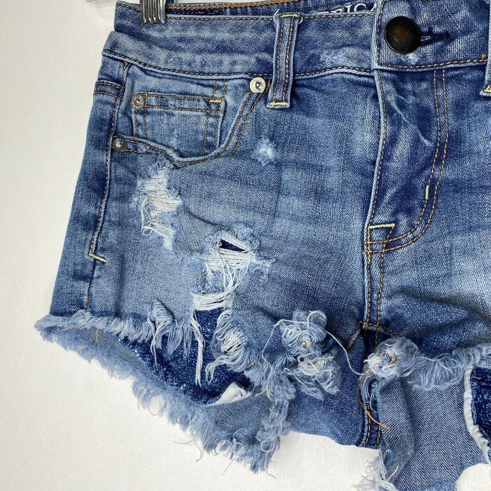 American Eagle Distressed Shortie Stretch Jean Shorts AEO Denim Cutoffs Size 0 - Picture 3 of 8